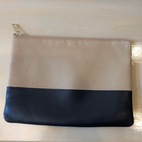 Celine  Zip Two Tone Tan and Black Leather Clutch - Picture 1 of 7